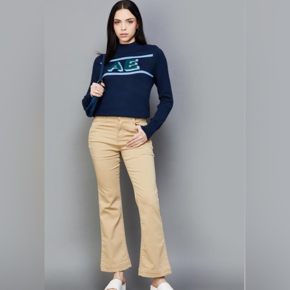 American Eagle Woven Holiday High Neck Knitted Navy Blue Sweater Size S NEW - Picture 2 of 8